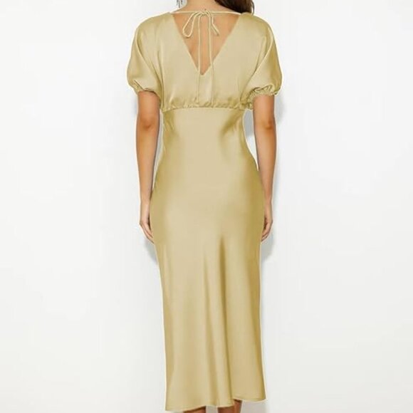 Lopath Yellow Satin Open Back Puff Sleeve Party Wedding Guest Formal Midi Dress - Picture 5 of 6